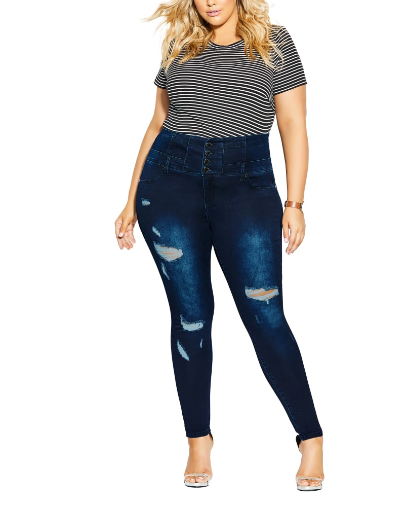 Front of a model wearing a size 20 JEAN ASHA RIP CRST in Dark Denim by City Chic. | dia_product_style_image_id:318079